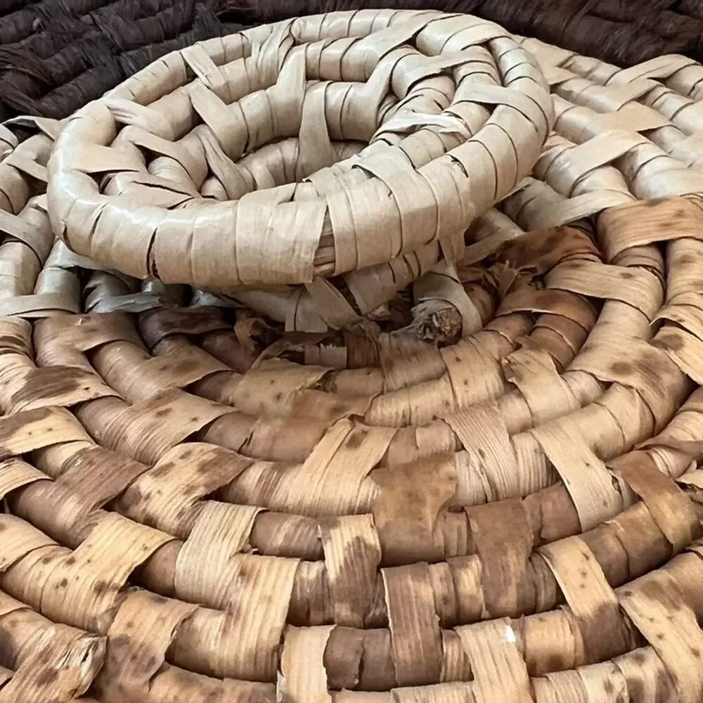 Coiled Pine Needle Round Lidded Basket 15.5